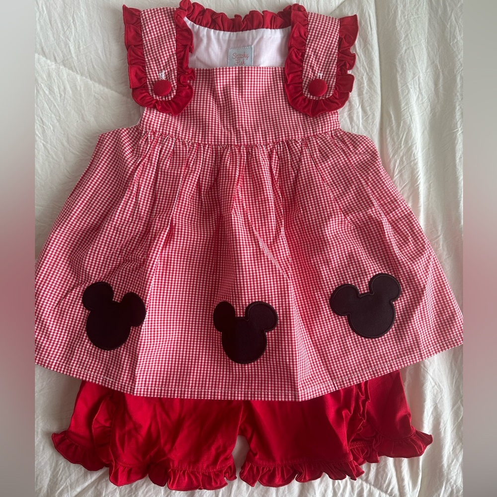 Stitchy Fish Red Gingham Mickey Shorts Set